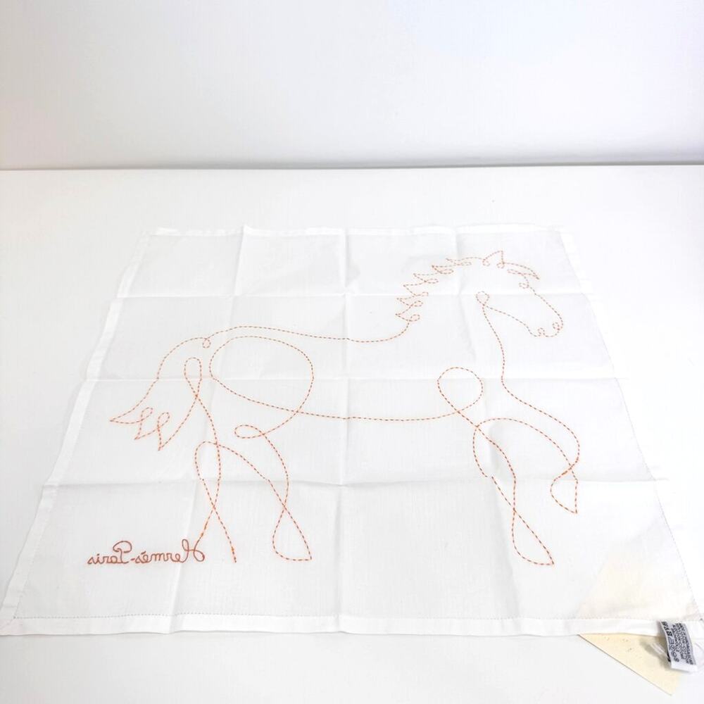 HERMES White Cotton Handkerchief with Orange Embroidered Horse Motif NEW Scarf - Picture 3 of 5